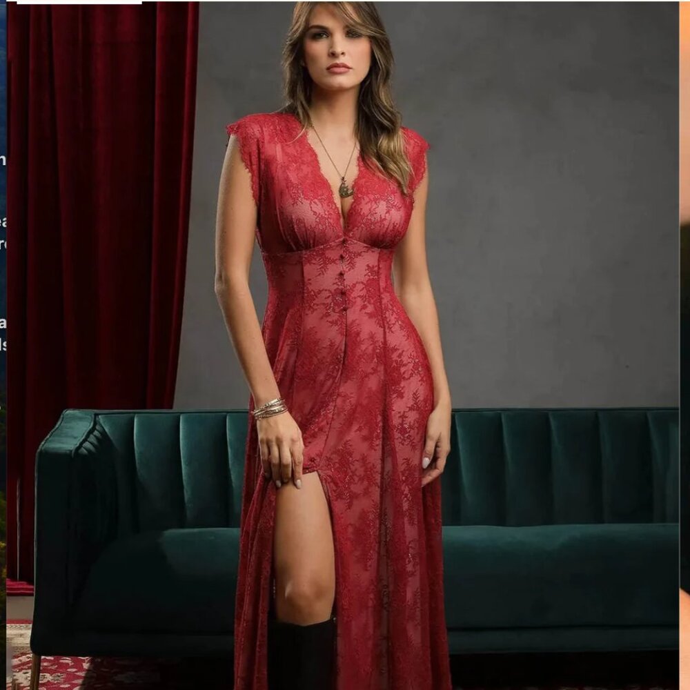 Popilush Boho Floral Red Lace Front Slit Maxi Dress | BUILT IN SHAPEWEAR-XXL-NWT